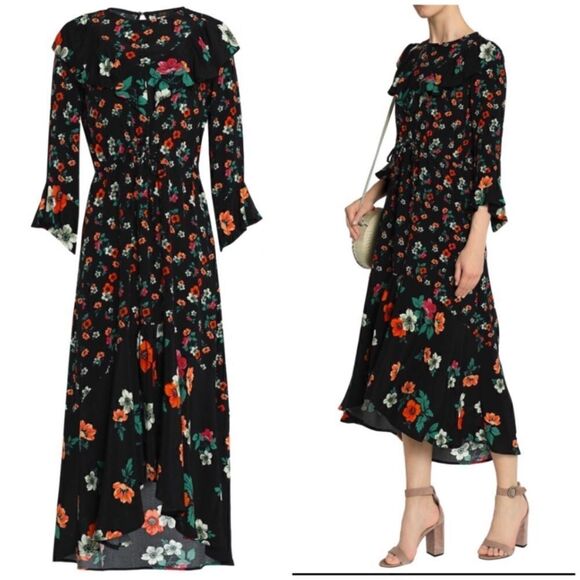 Maje Maxi Black Dress Floral Ruffle Long Sleeve Size S - Picture 3 of 11